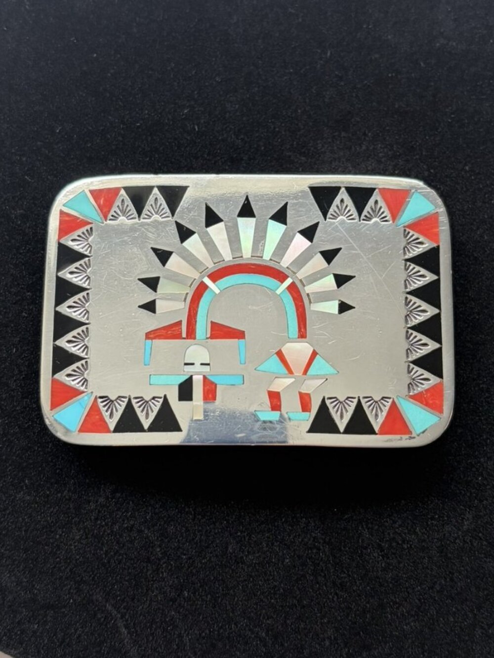 Vintage Zuni F L Natachu Sterling Silver Rainbow Man Belt Buckle